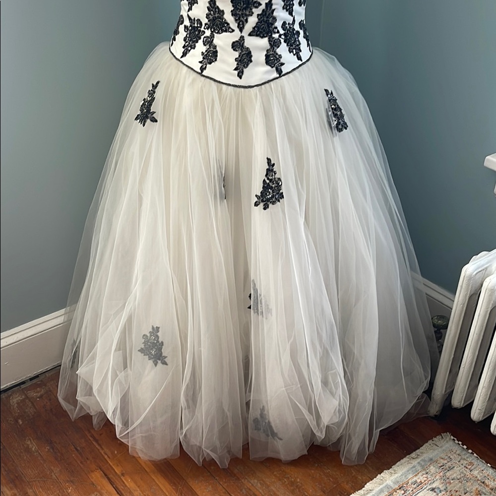 Xcite Formal Black and White Tulle Gown With Beading - Picture 2 of 10